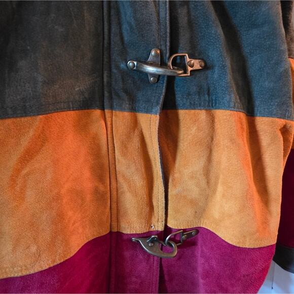 Vtg 90s Y2K Colorblock Stripped Leather Trench Coat Hood Outdoor Exchange L Read - Picture 8 of 15